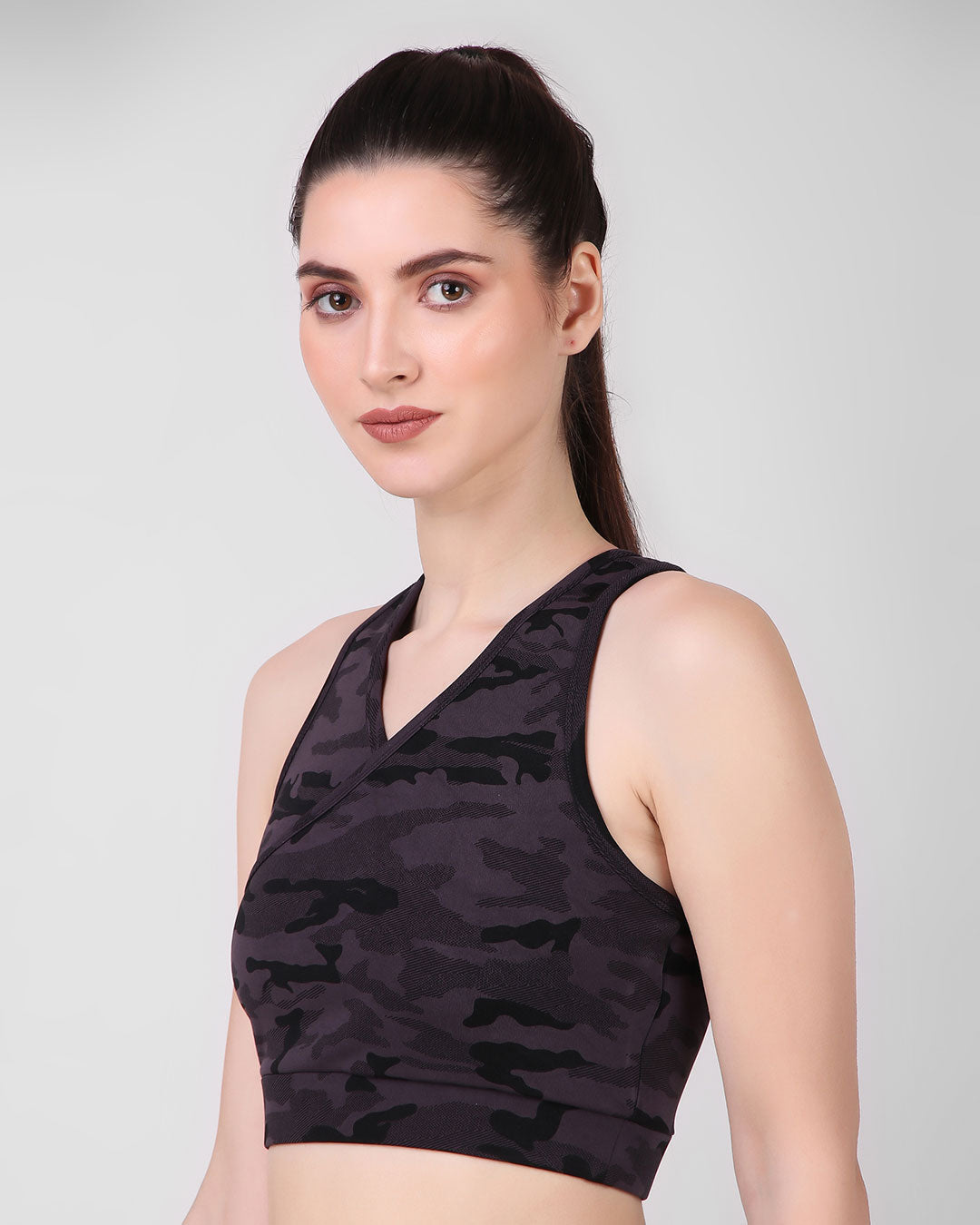 Cross Back Sports Bra - Black Camouflage